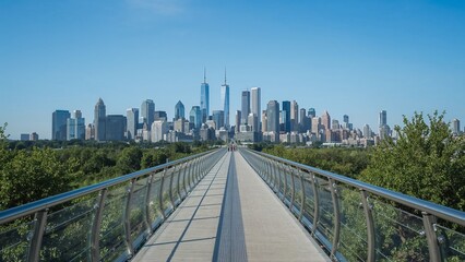Obraz premium Pedestrian Bridge with City Skyline View and Greenery