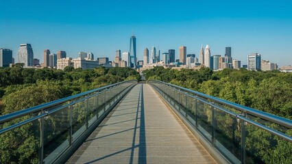 Obraz premium Pedestrian Bridge with City Skyline View and Greenery