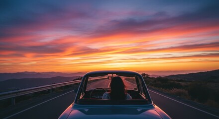 A woman rides in a convertible car on a road towards a vibrant sunset.
