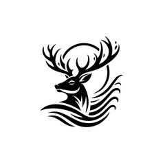 Illustration of a deer with antlers in front of the moon isolated on white