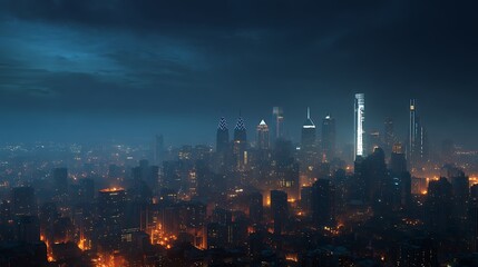 Fototapeta premium Cityscape at Night with Glowing Skyscrapers Under Dark Blue Sky