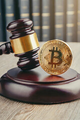 gavel and bitcoin with copy space background 