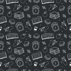 Pattern school supplies on black background. School background. Back to school. Blackboard with Drawings of School Supplies. Seamless pattern with doodles. Abstract blackboard. Education concept