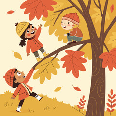 Autumn, the season of fun. an adorable little girl doing cartwheels an autumn day outdoors coloring page vector illustration 
