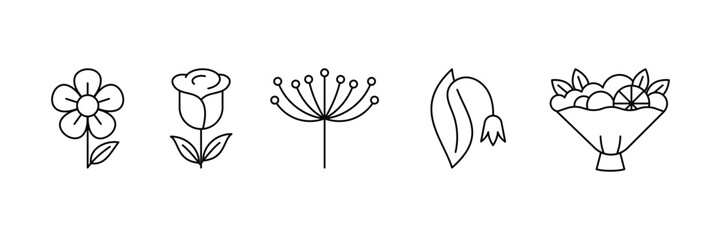 Set of Blooming plants liner icon collection. Daisy bouquet, sunflower, lotus, chamomile symbol.