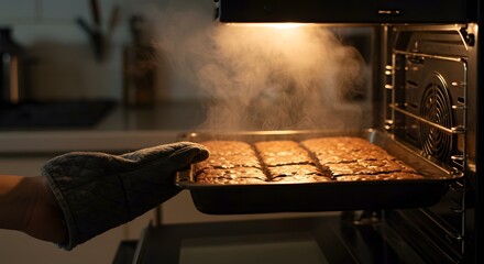 Side view photo shows a tray of freshly baked brownies with steam, warm light, and a kitchen background conveying a cozy atmosphere.