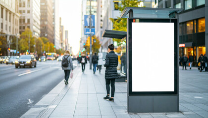 Blank white vertical digital billboard poster on city street bus stop sign, blurred urban background with skyscraper, people, mockup for advertisement, marketing