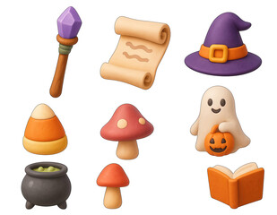Halloween magic wand witch hat ghost with pumpkin candy corn mushroom cauldron spell book scroll festive spooky icons