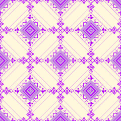 Seamless ethnic tile pattern featuring geometric diamond blocks in tribal style. Ideal for textiles, wallpapers, packaging, and backgrounds.
