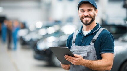 car service, repair, maintenance and people concept - auto mechanic man or smith with tablet pc computer looking for spares at workshop or warehouse, no logos, no brands