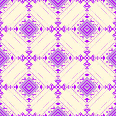 Seamless ethnic tile pattern featuring geometric diamond blocks in tribal style. Ideal for textiles, wallpapers, packaging, and backgrounds.
