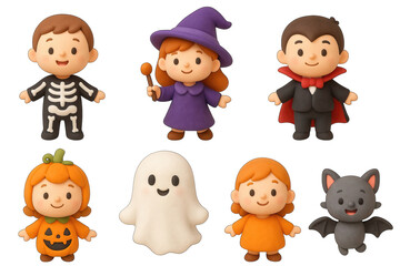 Cute Halloween characters including skeleton, witch, vampire, pumpkin costume, ghost, orange dress, and bat in joyful style