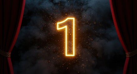 Glowing neon number one centered against a smoky background, framed by red velvet curtains.