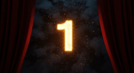 A dramatic countdown, number one, illuminated against a dark backdrop, framed by red curtains.