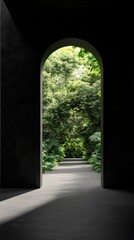 Dark archway leading to a lush green garden path.