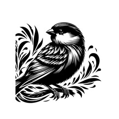 Illustration of a small bird perched on a branch isolated on white background