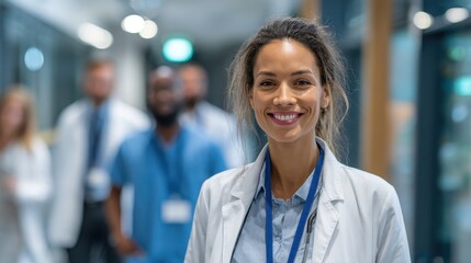 Young female doctor smiling while standing in a hospital corridor with a diverse group of staff in the background, no logos, no brands