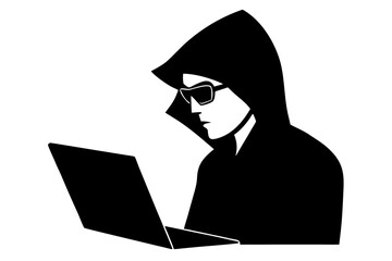 Hacker in Hoodie and Sunglasses Working on Laptop Icon