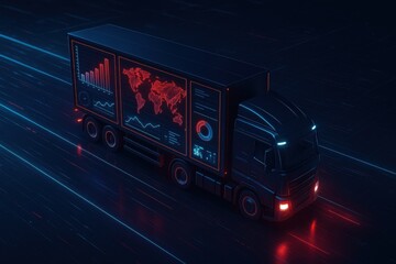 Smart Truck Technology: A futuristic tractor trailer showcasing cutting-edge technology, data visualizations, and sleek design as it navigates a dynamic digital highway.