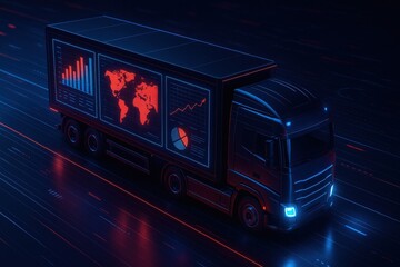 Digital Transport: A modernistic semi-truck showcases real-time data visualization, highlighting the fusion of technology and transportation in a sleek, futuristic setting.