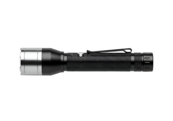 A black and silver tactical flashlight against a black background.