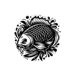 Detailed black and white koi fish illustration isolated on white background