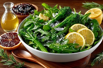 Fresh green salad with lemon garnish high resolution picture