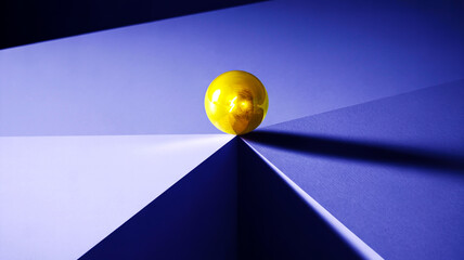 Bright yellow sphere balances atop tilted dark blue cube, soft light