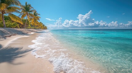 Beach with a few palm trees and a blue ocean travel concept