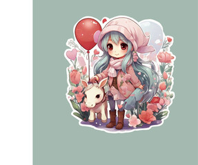 Cute chibi girl with pastel flowers, hearts and pony &ndash; Valentine's day style illustration