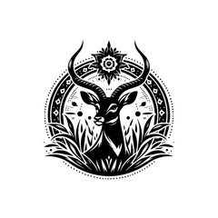 Stylized antelope illustration isolated on white background in black and white