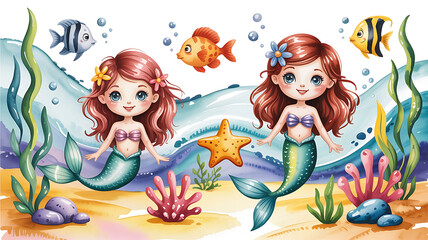 Fototapeta premium A funny cartoon drawing of a boy smiling at a fish in an aquarium.