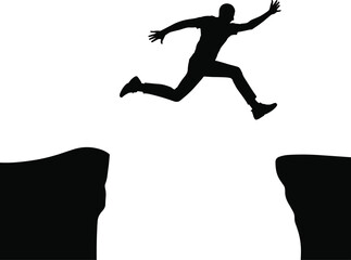 Dynamic Silhouette of a Man Leaping Across a Gap, Symbolizing Challenge, Risk-Taking, and Overcoming Obstacles, with Blank Space for Text