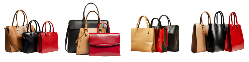 Collection of stylish leather handbags isolated on transparent background.
