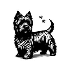 Charming terrier dog with paw prints isolated on white background