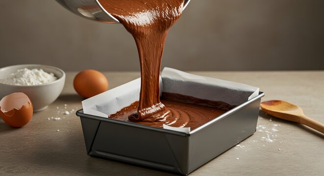 The moment when the brownie batter is poured into the baking pan, capturing the creaminess and ritual of baking.