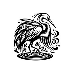 Detailed black and white drawing of a heron isolated on white background