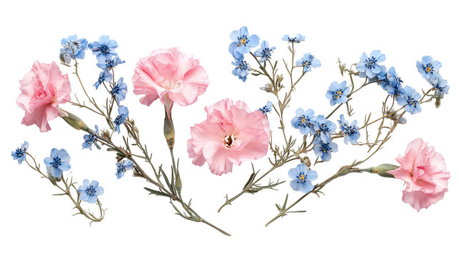 Delicate pink carnations, blue forget-me-nots, and dried wildflowers isolated on transparent background 