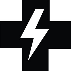 White lightning bolt symbol on black cross shape electricity energy