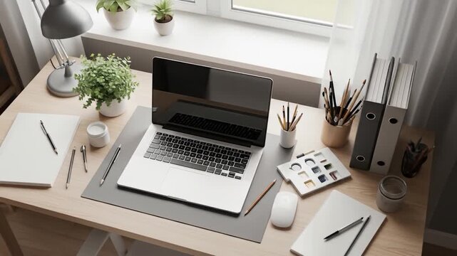 Organized Artist's Desk with Laptop and Art Supplies