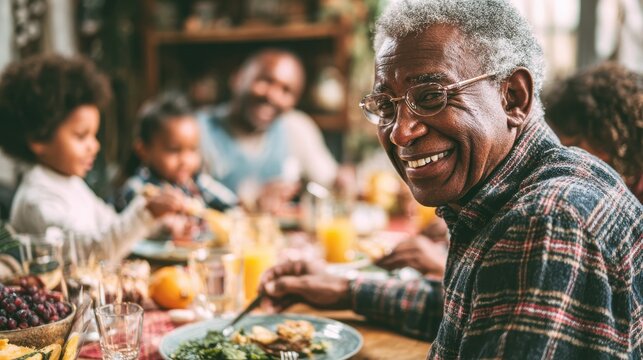 Happy latin family having fun eating together at home - Focus on grandfather face, no logos, no brands