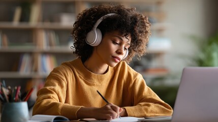 Focused african female student wears headphones elearning studying alone at home office desk. Millennial mixed race teen girl listening audio podcast e learning english language concept making notes.