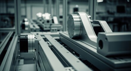 Fototapeta premium Close-up of automated manufacturing equipment. Metal components, conveyors, and gears. Industrial machinery in a clean room