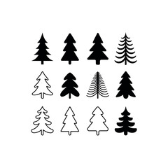 Obraz premium Twelve stylized evergreen tree icons in black and white line art and solid silhouettes pine spruce