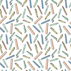 Seamless vector pattern with stationery. School supplies on white background. Back to school. Vector illustration. Hand-Drawn doodle sketch, Flat design. Multicolored elements