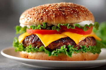 Deliciously stacked gourmet cheeseburger with fresh lettuce ripe tomato and melted cheddar cheese on a sesame seed bun