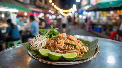 A vibrant market scene showcases a plate of pad thai with shrimp, bean sprouts, and lime. Nearby, people enjoy the bustling atmosphere under colorful lights in the evening.