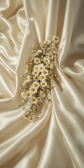 A delicate bouquet of daisies rests gracefully on a luxurious, flowing satin fabric, creating a romantic and elegant composition