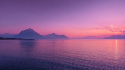 A vibrant purple and pink sunset over calm water with distant, misty mountain range