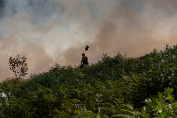 A firefighter tries to put out a forest fire with his shovel amidst the smoke.